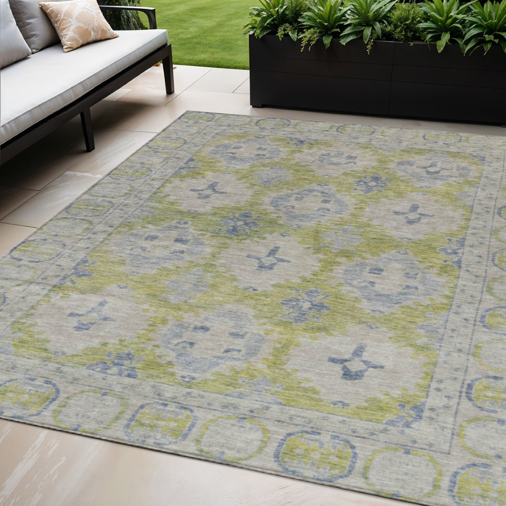 HomeRoots 5' X 8' Artichoke Green and Blue Damask Area Rug - Stylish, Washable, Durable for Indoor & Outdoor Use 620090