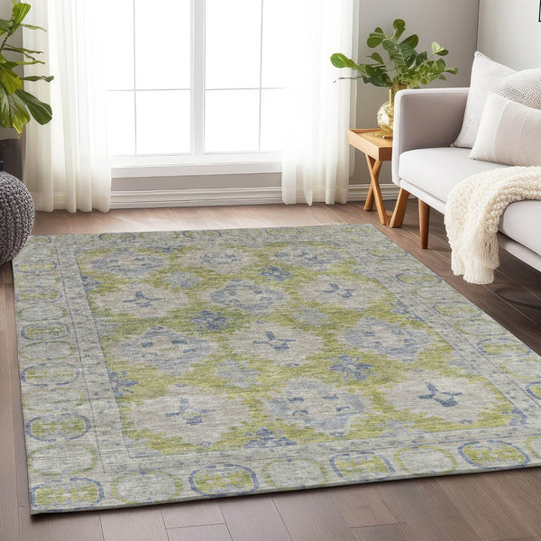 HomeRoots 5' X 8' Artichoke Green and Blue Damask Area Rug - Stylish, Washable, Durable for Indoor & Outdoor Use 620090