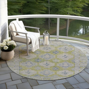 HomeRoots 8' Artichoke Green & Blue Round Damask Rug - Stylish, Durable, Washable for Indoor/Outdoor Use! 620091