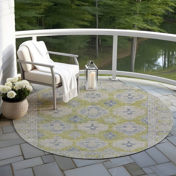 HomeRoots 8' Artichoke Green & Blue Round Damask Rug - Stylish, Durable, Washable for Indoor/Outdoor Use! 620091