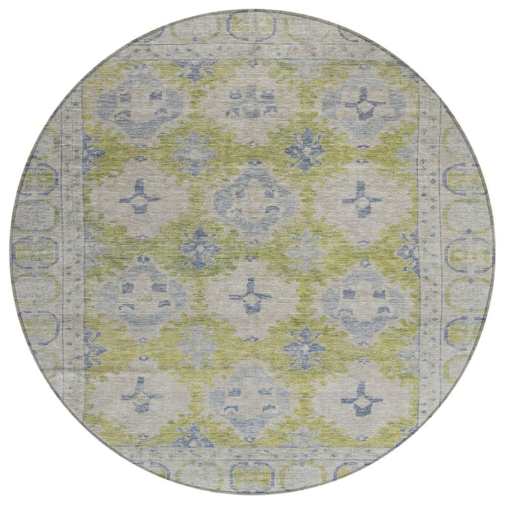 HomeRoots 8' Artichoke Green & Blue Round Damask Rug - Stylish, Durable, Washable for Indoor/Outdoor Use! 620091
