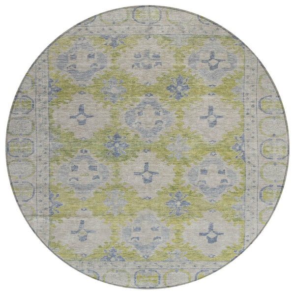 HomeRoots 8' Artichoke Green & Blue Round Damask Rug - Stylish, Durable, Washable for Indoor/Outdoor Use! 620091