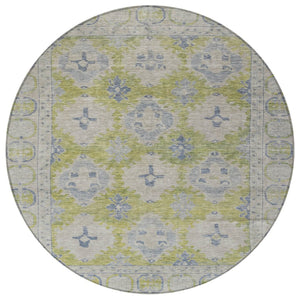 HomeRoots 8' Artichoke Green & Blue Round Damask Rug - Stylish, Durable, Washable for Indoor/Outdoor Use! 620091