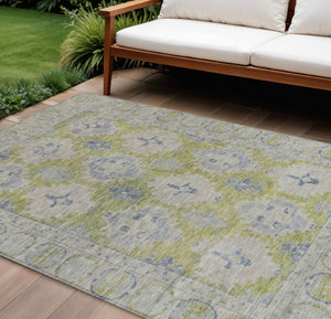 HomeRoots 8' X 10' Artichoke Green & Blue Damask Area Rug – Stylish, Washable & Perfect for Indoor/Outdoor Use! 620092