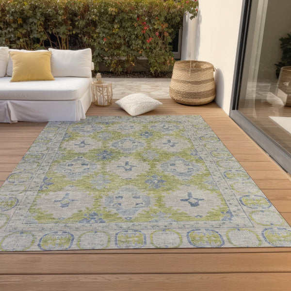 HomeRoots 8' X 10' Artichoke Green & Blue Damask Area Rug – Stylish, Washable & Perfect for Indoor/Outdoor Use! 620092