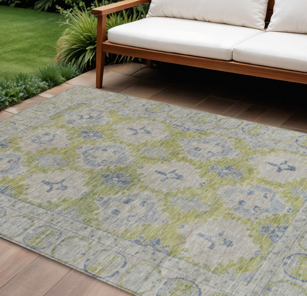 HomeRoots 9' X 12' Artichoke Green and Blue Damask Area Rug – Durable, Washable, Perfect for Indoor & Outdoor Use! 620093