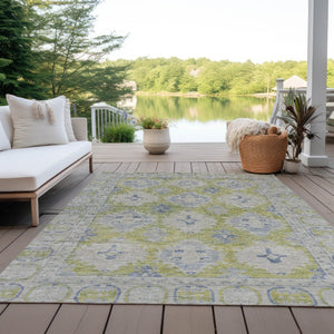 HomeRoots 9' X 12' Artichoke Green and Blue Damask Area Rug – Durable, Washable, Perfect for Indoor & Outdoor Use! 620093