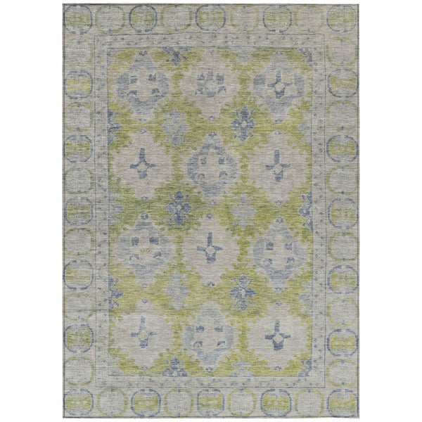 HomeRoots 9' X 12' Artichoke Green and Blue Damask Area Rug – Durable, Washable, Perfect for Indoor & Outdoor Use! 620093