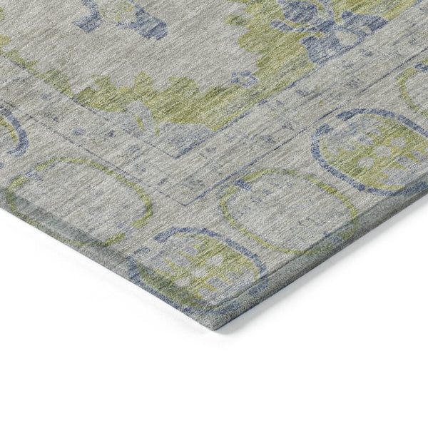 HomeRoots 9' X 12' Artichoke Green and Blue Damask Area Rug – Durable, Washable, Perfect for Indoor & Outdoor Use! 620093