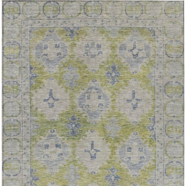 HomeRoots 10' Elegant Artichoke Green & Blue Damask Area Rug - Washable, Indoor/Outdoor, Durable & Stylish! 620094