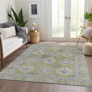 HomeRoots 10' Elegant Artichoke Green & Blue Damask Area Rug - Washable, Indoor/Outdoor, Durable & Stylish! 620094
