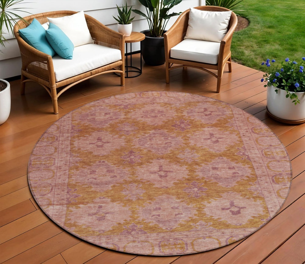 HomeRoots 8' Blush and Orange Round Damask Area Rug – Washable, Durable, Perfect for Indoor & Outdoor Spaces! 620097
