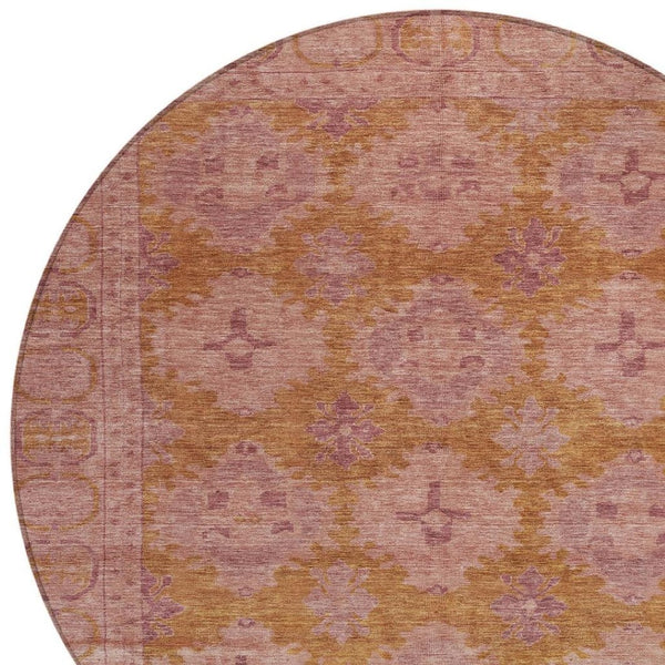 HomeRoots 8' Blush and Orange Round Damask Area Rug – Washable, Durable, Perfect for Indoor & Outdoor Spaces! 620097