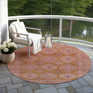 HomeRoots 8' Blush and Orange Round Damask Area Rug – Washable, Durable, Perfect for Indoor & Outdoor Spaces! 620097