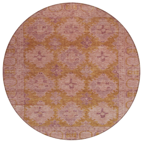 HomeRoots 8' Blush and Orange Round Damask Area Rug – Washable, Durable, Perfect for Indoor & Outdoor Spaces! 620097