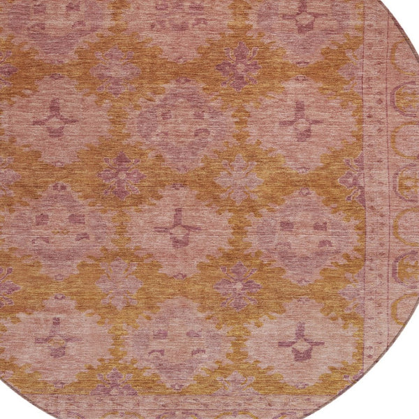 HomeRoots 8' Blush and Orange Round Damask Area Rug – Washable, Durable, Perfect for Indoor & Outdoor Spaces! 620097