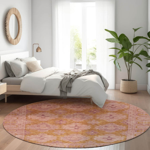 HomeRoots 8' Blush and Orange Round Damask Area Rug – Washable, Durable, Perfect for Indoor & Outdoor Spaces! 620097