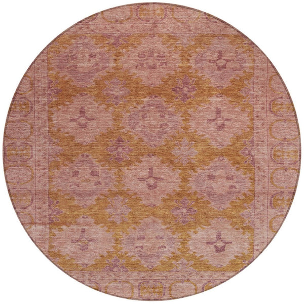 HomeRoots 8' Blush and Orange Round Damask Area Rug – Washable, Durable, Perfect for Indoor & Outdoor Spaces! 620097