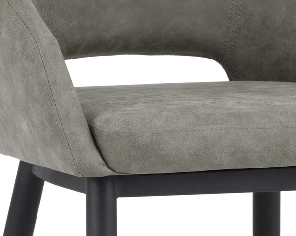 Sunpan THATCHER DINING ARMCHAIR - Stylish Faux Leather & Steel Frame for Modern Industrial Elegance Grey 102743