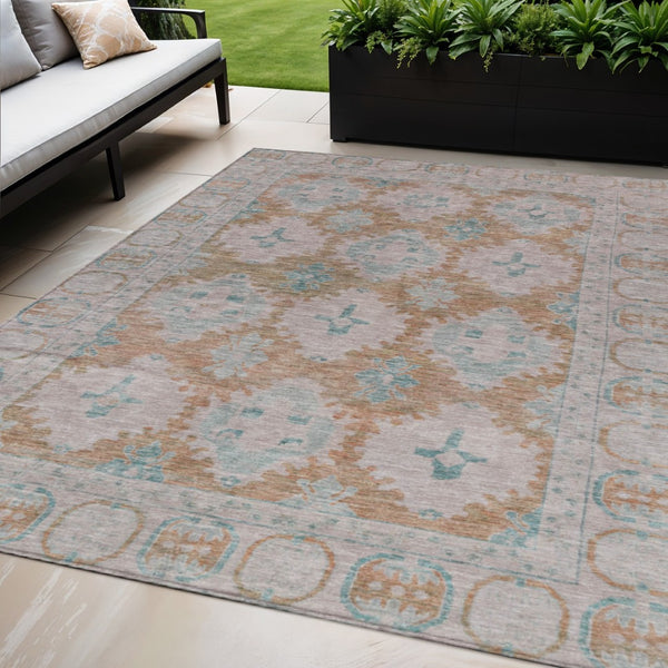 HomeRoots 5' Elegant Terra Cotta & Teal Damask Washable Area Rug - Durable, Stylish for Indoor & Outdoor Use 620114