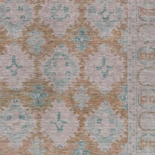 HomeRoots 5' Elegant Terra Cotta & Teal Damask Washable Area Rug - Durable, Stylish for Indoor & Outdoor Use 620114
