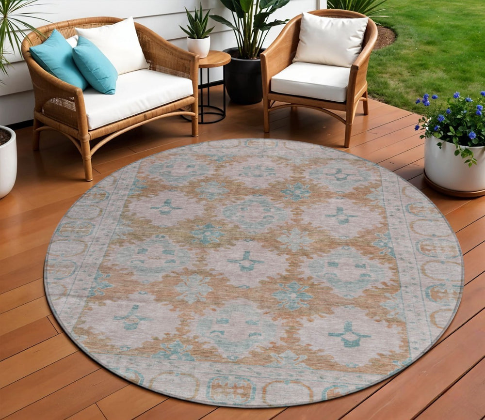 HomeRoots 8' Stunning Terra Cotta & Teal Blue Round Damask Rug - Durable, Washable for Indoor & Outdoor Use! 620115