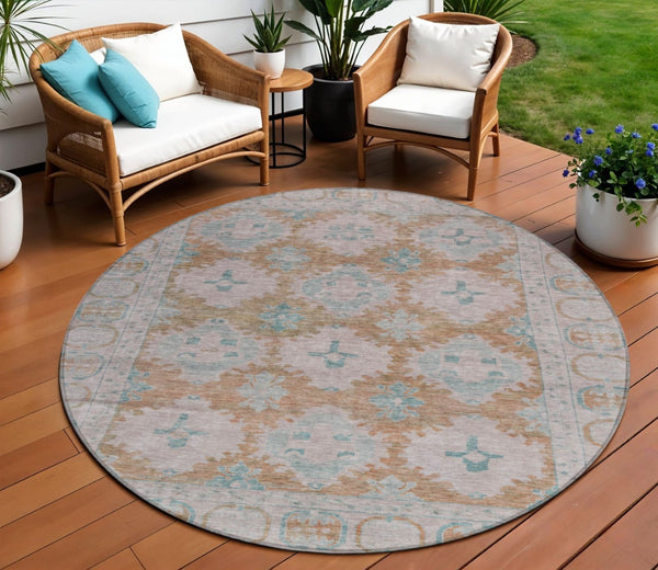 HomeRoots 8' Stunning Terra Cotta & Teal Blue Round Damask Rug - Durable, Washable for Indoor & Outdoor Use! 620115