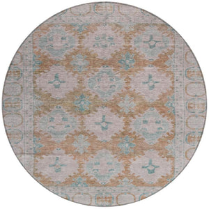 HomeRoots 8' Stunning Terra Cotta & Teal Blue Round Damask Rug - Durable, Washable for Indoor & Outdoor Use! 620115