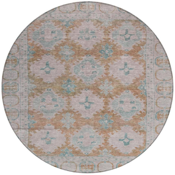 HomeRoots 8' Stunning Terra Cotta & Teal Blue Round Damask Rug - Durable, Washable for Indoor & Outdoor Use! 620115