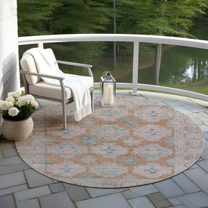 HomeRoots 8' Stunning Terra Cotta & Teal Blue Round Damask Rug - Durable, Washable for Indoor & Outdoor Use! 620115