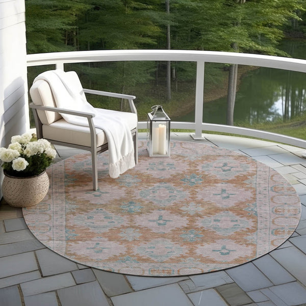 HomeRoots 8' Stunning Terra Cotta & Teal Blue Round Damask Rug - Durable, Washable for Indoor & Outdoor Use! 620115