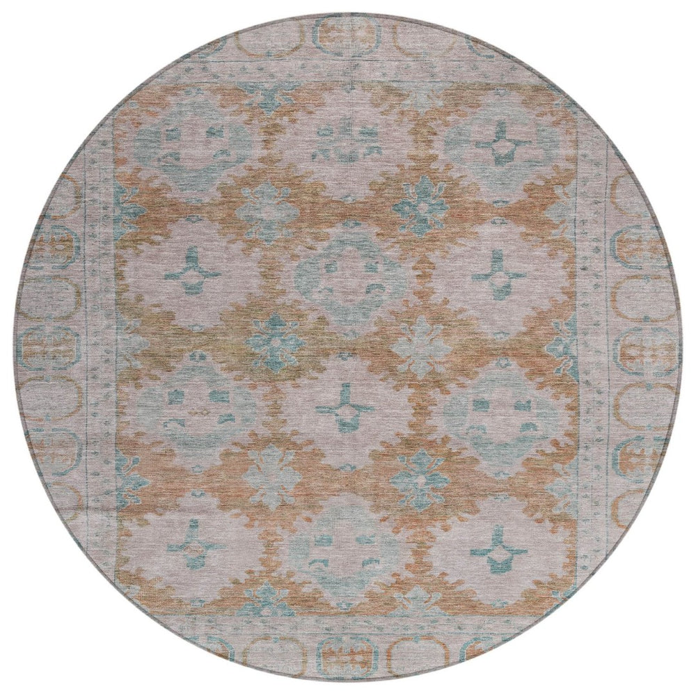 HomeRoots 8' Stunning Terra Cotta & Teal Blue Round Damask Rug - Durable, Washable for Indoor & Outdoor Use! 620115