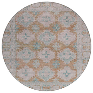 HomeRoots 8' Stunning Terra Cotta & Teal Blue Round Damask Rug - Durable, Washable for Indoor & Outdoor Use! 620115