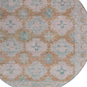 HomeRoots 8' Stunning Terra Cotta & Teal Blue Round Damask Rug - Durable, Washable for Indoor & Outdoor Use! 620115