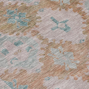 HomeRoots 8' Stunning Terra Cotta & Teal Blue Round Damask Rug - Durable, Washable for Indoor & Outdoor Use! 620115
