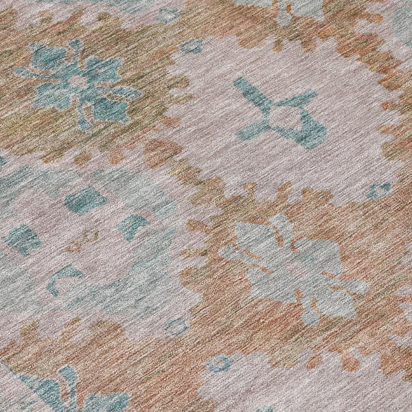 HomeRoots 8' Stunning Terra Cotta & Teal Blue Round Damask Rug - Durable, Washable for Indoor & Outdoor Use! 620115