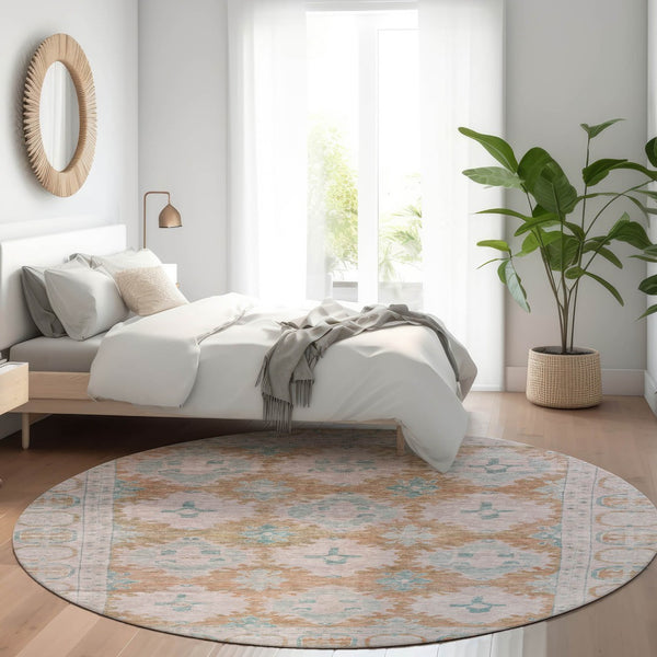 HomeRoots 8' Stunning Terra Cotta & Teal Blue Round Damask Rug - Durable, Washable for Indoor & Outdoor Use! 620115
