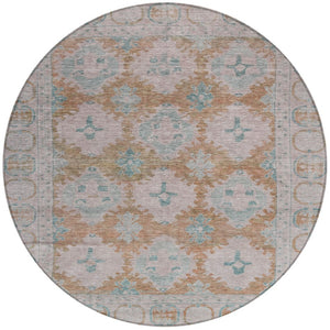 HomeRoots 8' Stunning Terra Cotta & Teal Blue Round Damask Rug - Durable, Washable for Indoor & Outdoor Use! 620115
