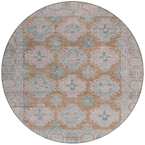 HomeRoots 8' Stunning Terra Cotta & Teal Blue Round Damask Rug - Durable, Washable for Indoor & Outdoor Use! 620115