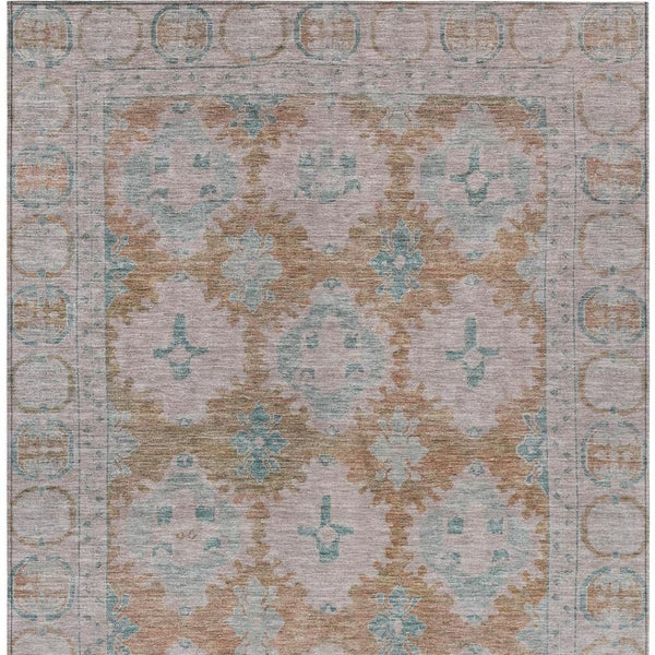 HomeRoots 8' X 10' Elegant Terra Cotta & Teal Blue Damask Washable Rug for Indoor/Outdoor Style & Durability 620116