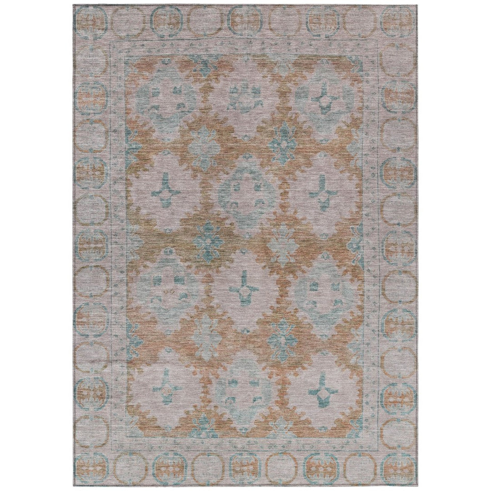 HomeRoots 9' X 12' Elegant Terra Cotta and Teal Blue Damask Area Rug - Washable, Durable for Indoor & Outdoor Use 620117