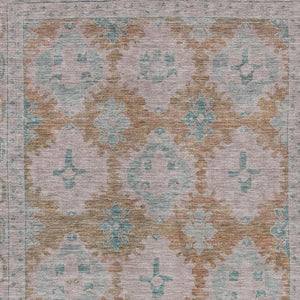 HomeRoots 9' X 12' Elegant Terra Cotta and Teal Blue Damask Area Rug - Washable, Durable for Indoor & Outdoor Use 620117