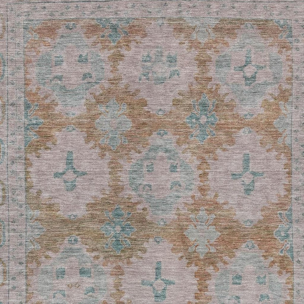HomeRoots 9' X 12' Elegant Terra Cotta and Teal Blue Damask Area Rug - Washable, Durable for Indoor & Outdoor Use 620117