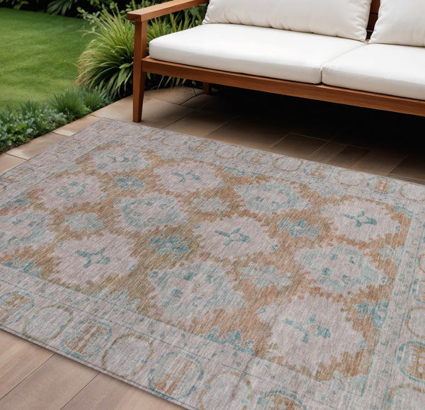 HomeRoots 10' X 14' Terra Cotta & Teal Damask Rug - Durable, Washable, Chic for Indoor & Outdoor Spaces! 620118
