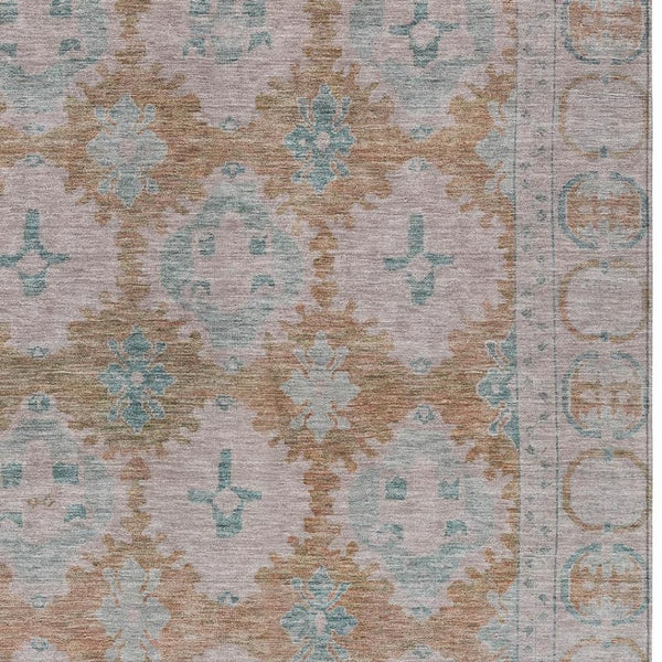 HomeRoots 10' X 14' Terra Cotta & Teal Damask Rug - Durable, Washable, Chic for Indoor & Outdoor Spaces! 620118