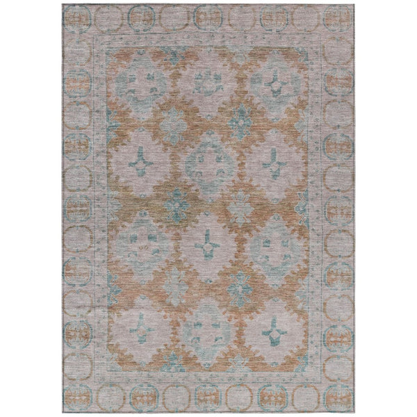 HomeRoots 10' X 14' Terra Cotta & Teal Damask Rug - Durable, Washable, Chic for Indoor & Outdoor Spaces! 620118