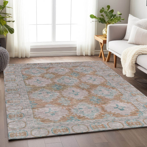 HomeRoots 10' X 14' Terra Cotta & Teal Damask Rug - Durable, Washable, Chic for Indoor & Outdoor Spaces! 620118