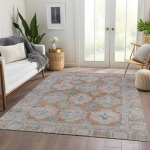 HomeRoots 10' X 14' Terra Cotta & Teal Damask Rug - Durable, Washable, Chic for Indoor & Outdoor Spaces! 620118