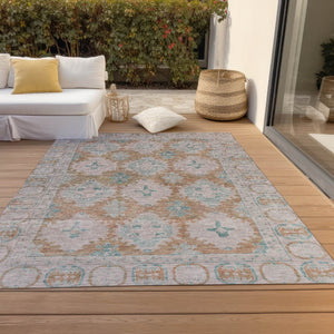 HomeRoots 10' X 14' Terra Cotta & Teal Damask Rug - Durable, Washable, Chic for Indoor & Outdoor Spaces! 620118