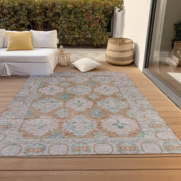 HomeRoots 10' X 14' Terra Cotta & Teal Damask Rug - Durable, Washable, Chic for Indoor & Outdoor Spaces! 620118